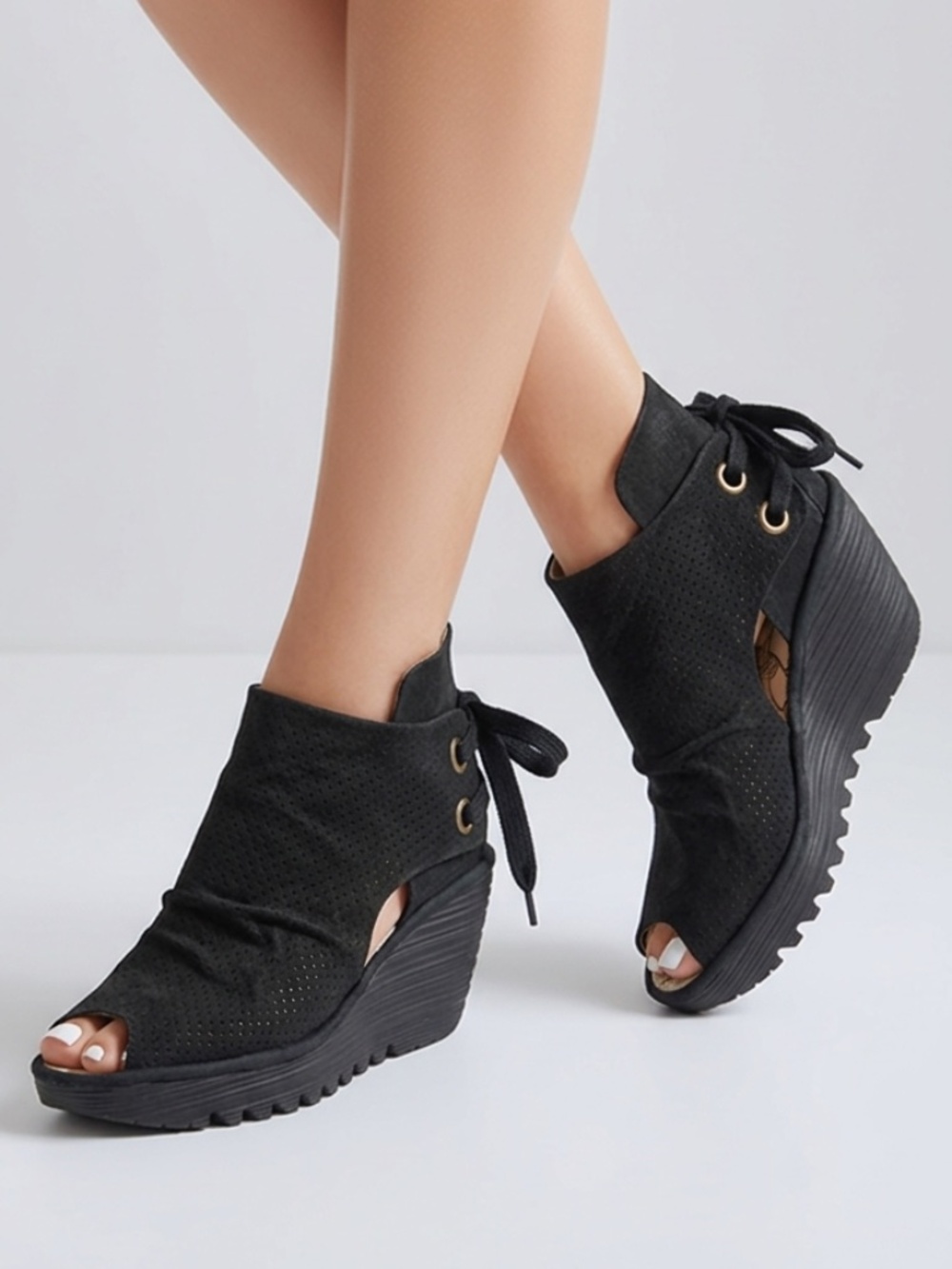 |•FLY LONDON•| Black Lace Up Back Wedge Platform Sandals Size 38